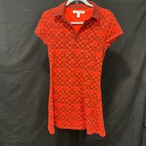 Urban Outfitters Polo Mini Dress Med Orange Brown Checker Floral Retro OB1842384